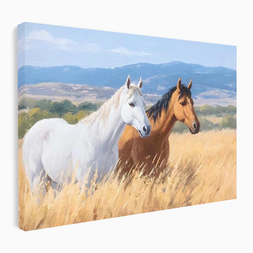 Tablou canvas cu tablou canvas cu doi cai in lan, fara rama, pe sasiu de lemn